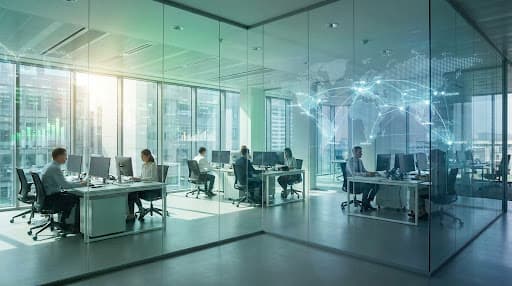 Modern glass office with a digital overlay of global financial data and networking nodes.